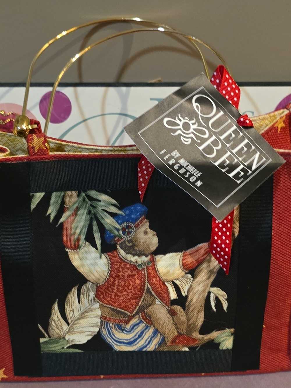 Queen Bee Tote Bag with Multicolor Bear Detail - Black, Red, Blue